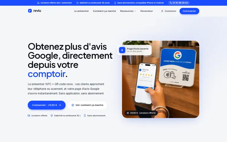 Page d'accueil de reviu.fr : « Obtenez plus d'avis Google, directement depuis votre comptoir »